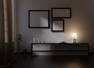 Night scene interior with empty frames. Light from a lamp on a console and from windows. 3D rendering.