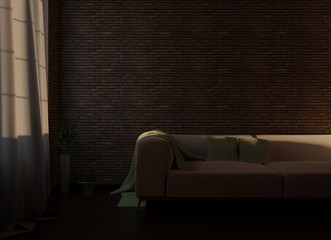 Night room with a light from a window. 3D rendering.