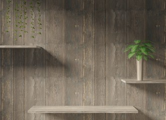 Empty wooden shelf and plant on a shelf on a wooden wall. Sunlight shadows. Mockup with background for frames, advertisement and templates. 3D rendering.