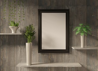 Empty frame mock up with a wooden wall and plant. Sunlight shadows. 3D rendering.