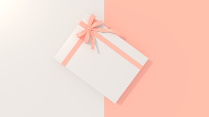 Gift box mock-up on a white and pink background. A pink bow on a top on a present. 3D rendering.