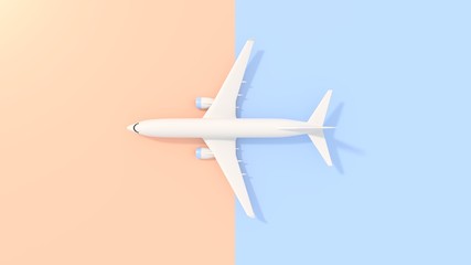 White aeroplane on a blue and pink background. Concept art. Border crossing by aeroplane. 3D rendering.
