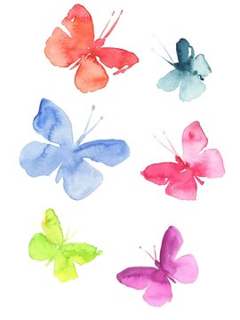 Watercolor colorful butterflies, isolated on white background blue, green, pink and red butterfly illustration.