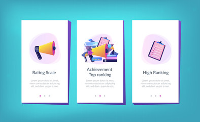 Megaphone and businessmen rate with stars and thumb up icons. Rank and rating scale, high-ranking, top-ranking concept on white background. Mobile UI UX GUI template, app interface wireframe