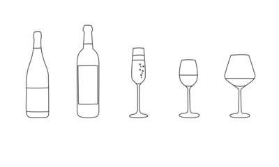 Wine linear vector illustration. Hand drawn linear red wine, white wine and champagne glasses and bottles. May be used as icons, highlights.