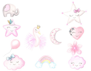 Watercolor illustration for children's design for girls. Cute pink pictures.