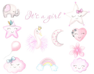 Watercolor illustration for children's design for girls. Cute pink pictures.