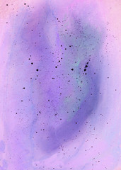 Hand drawn watercolor illustration of pink and purple texture with black ink blots