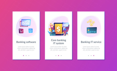 Tablet, bank card and manager using banking software for transactions. Core banking IT system, banking software, IT service concept. Mobile UI UX GUI template, app interface wireframe