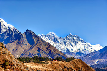 Mt. Everest, Lhotse, Nuptse on the trek route from Namche Bazaar to Tengboche