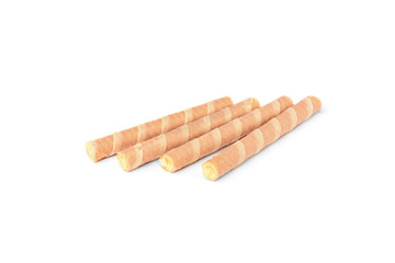 Sweet chocolate waffle rolls isolated on white background.
