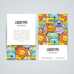 Doodle colorful hand drawn cards for kids and play. Cartoon design artistic print templates