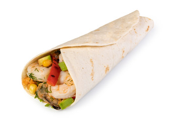 burrito with vegetables and tortilla, isolated on white