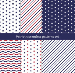 Patriotic American seamless patterns set with stripes and stars in traditional red, blue and white colors. Independence Day 4th July celebration concept. Geometric seamless patterns collection.