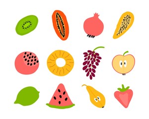 Set of tropical fruits apple, lemon, orange, pear, grapes, strawberry, papaya, melon, kiwi, watermelon, pomegranate.