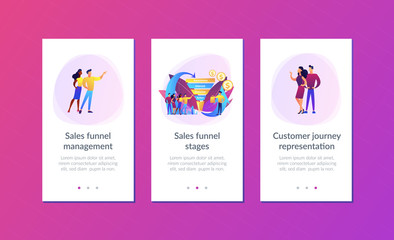 Sales funnel stages, potencial customers, buyer with purchase. Sales funnel management, customer journey representation, sales funnel stages concept. Mobile UI UX GUI template, app interface wireframe