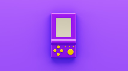 Mock up. Retro purple electronic game. Vintage style pocket game. Interactive playing device. 3d illustration