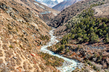 Crossing river in Himalaya on Everest Base Camp Trek in Nepal.