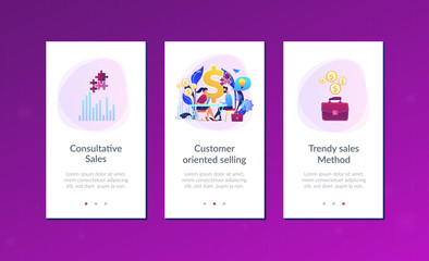 Salesperson suggesting a solution idea to consumers problem. Consultative sales, customer-oriented selling, trendy sales method concept. Mobile UI UX GUI template, app interface wireframe