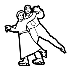 Pair figure skating in the old style. Retro drawing. Vector illustration
