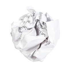 crumpled ball from written paper cut out on white