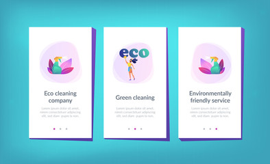 Green cleaning company employee tidies up with nature friendly spray. Green cleaning, eco cleaning company, environmentally friendly service concept. Mobile UI UX GUI template, app interface wireframe