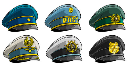 Cartoon colorful different peaked caps with cockade. Officer and postman. Policeman, pilot and sailor. Isolated on white background. Vector icon set.