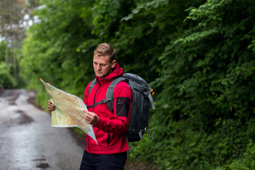 Hiker using map in forest