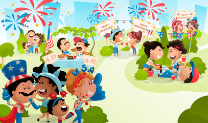 Obraz na płótnie Canvas 4th of July poster with celebrating people. Vector illustration in carton flat style