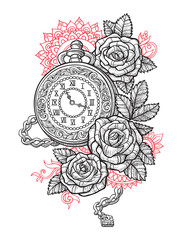 Watch with a chain in patterns with roses