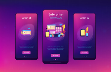 IT managers integrate technologies into business operations. Enterprise IT management, IT software solutions, enterprise architecture concept. Mobile UI UX GUI template, app interface wireframe