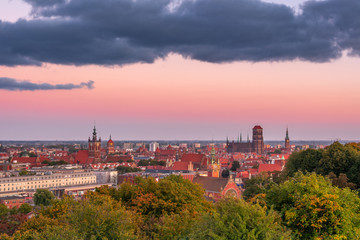 Fototapeta na wymiar Panorama of Gdansk city at dusk. Gdansk skyline from Gradowa Mountain, Poland, Europe