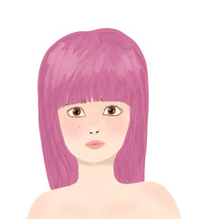 Portrait of Pink Haired Girl on White Background