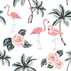 Pink flamingo, palm trees, rose flowers with leaves, white background. Vector floral seamless pattern. Tropical illustration. Exotic plants and birds. Summer beach design. Paradise nature