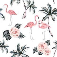 Fototapete Flamingo Rosa Flamingo, Palmen, Rosenblüten mit Blättern, weißer Hintergrund. Nahtloses mit Blumenmuster des Vektors. Tropische Abbildung. Exotische Pflanzen und Vögel. Sommerstranddesign. Paradiesische Natur