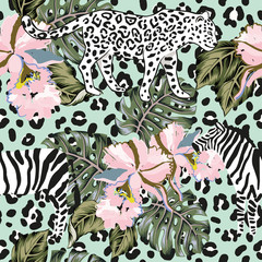 Tropische luipaard, zebra, monstera palmbladeren, orchideebloemen, dierlijke print achtergrond. Vector naadloos patroon. Grafische illustratie. Exotische jungle. Zomer strand bloemmotief. Paradijs natuur