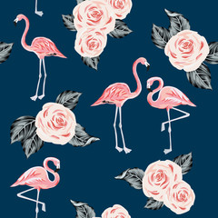 Pink flamingo, rose flowers with leaves, navy background. Vector floral seamless pattern. Tropical illustration. Exotic plants and birds. Summer beach design. Paradise nature