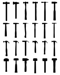 Black silhouettes of different hammer on a white background