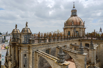 Obraz premium Monuments of Jerez de la Frontera, aerial view of the cathedral with clouds