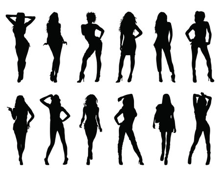 Black silhouettes of women in different  posing on a white background 