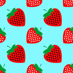 Seamless pattern with red strawberries on a blue background. Vector illustration