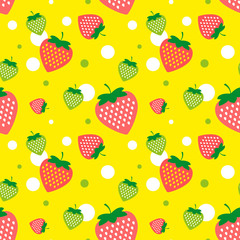 Beautiful seamless background with red and green strawberries on a yellow background. Vector illustration