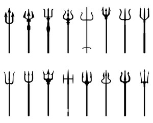 Set of trident, black silhouettes on a white background