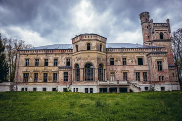 Front view of abandoned mansion in Drezewo, small village near Baltic Sea coast in West Pomerania region in Poland