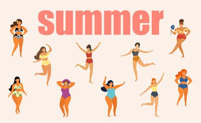 Tropical summer card with dancing girls in trendy summer swimsuits. Vector illustration.