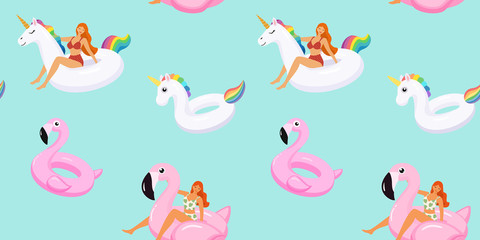 Summer pattern with cute girls in trendy swimsuits on inflatable swimming pools flamingos and unicorn. Vector seamless texture.