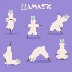 Set of stylish cartoon llamas in various poses of yoga. Vector illustrations isolated on purple background. © Tayisiya