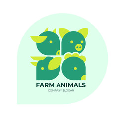 Farm animals trendy logo. Logotype for livestock company, animal husbandry. Label for farm products, meat food, BIO market. Sign for agricultural business. Vector icons with cow, pig, chicken and ram.