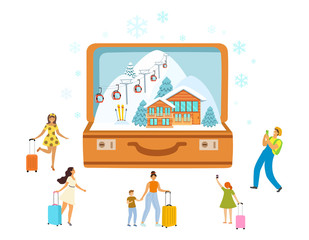 Ski resort, travel, tourism with open suitcase and miniature people, modern flat style. Vector illustration.