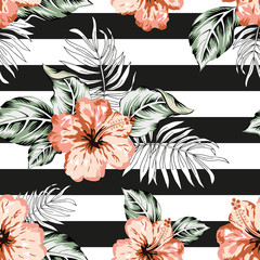 Tropical hibiscus flowers and palm leaves bouquets, striped background. Vector seamless pattern. Jungle foliage illustration. Exotic plants. Summer beach floral design. Paradise nature